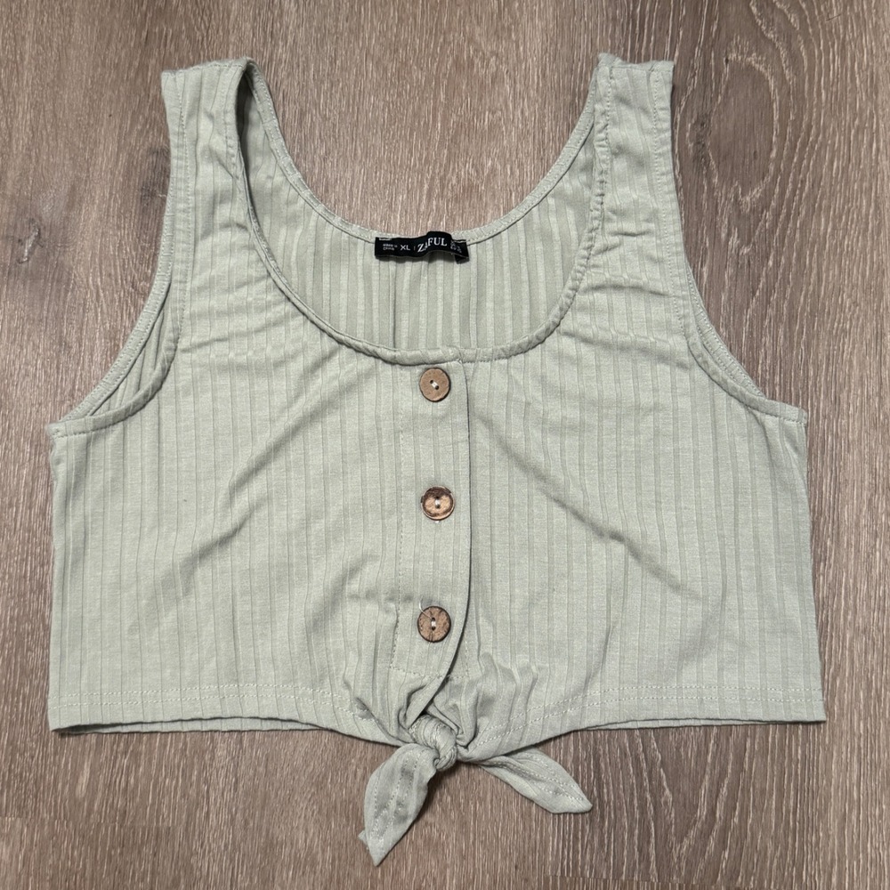 Zaful Crop Top Women XL Sage Green Ribbed Button Tie Front Sleeveless